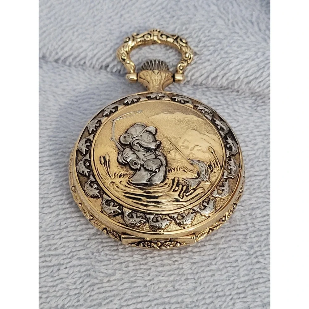 Disney Mickey Mouse 'Gone Fishing' Pocket Watch by Verichron Goldtone Vintage
